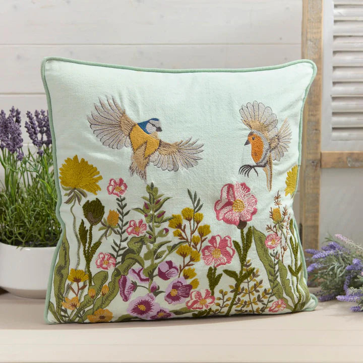 Langs Green Mixed Floral Birds Embroidered Cushion
