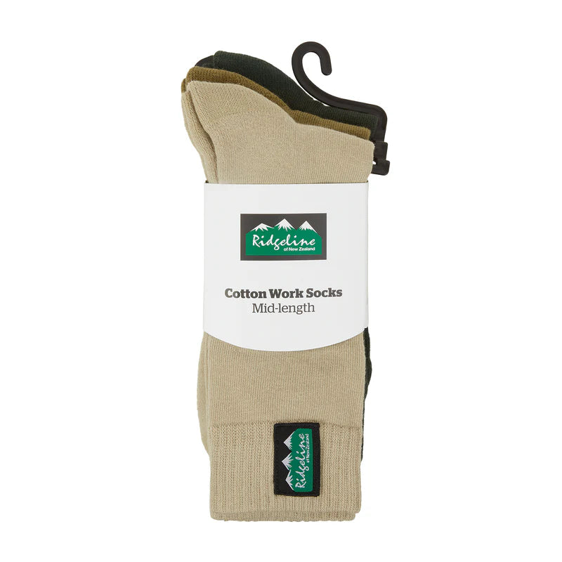 Ridgeline Cotton Work Socks Mid Length (Pack of 3)