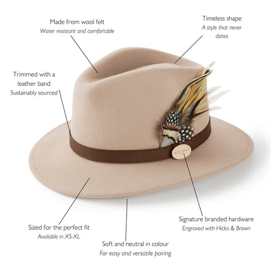 Hicks & Brown Suffolk Fedora Hat Fawn Feather (Guinea & Pheasant Feather)