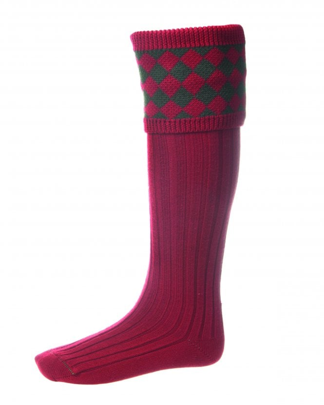 House Of Cheviot Men's Chessboard Sock Brick Red/Spruce - Country Ways