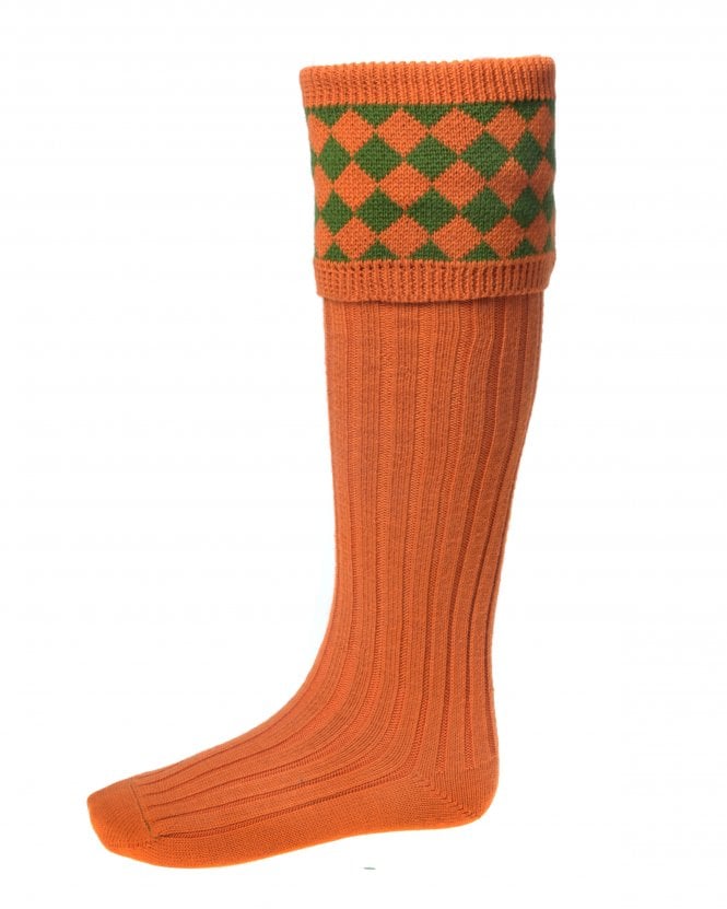 House Of Cheviot Men's Chessboard Sock Burnt Orange/Ivy Green - Country Ways
