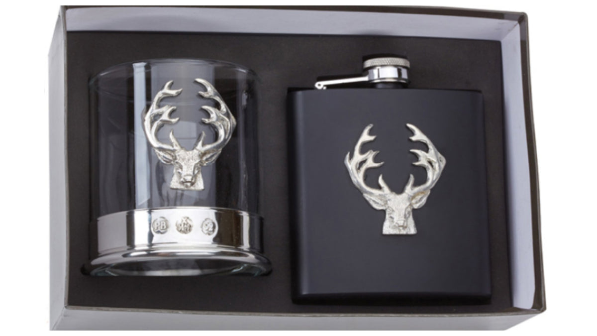 Stag Whisky Glass and Hip Flask Gift Set - Country Ways