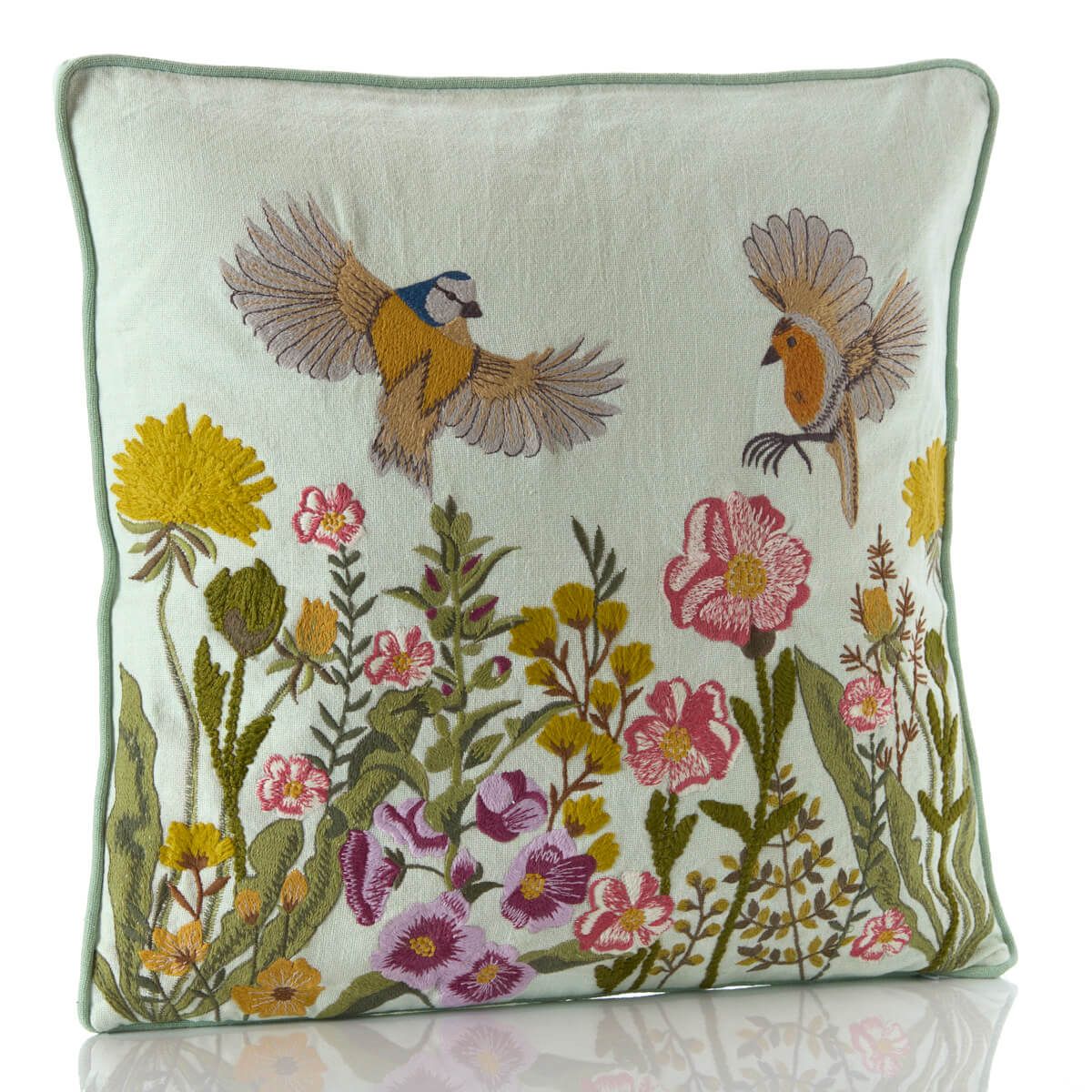 Langs Green Mixed Floral Birds Embroidered Cushion